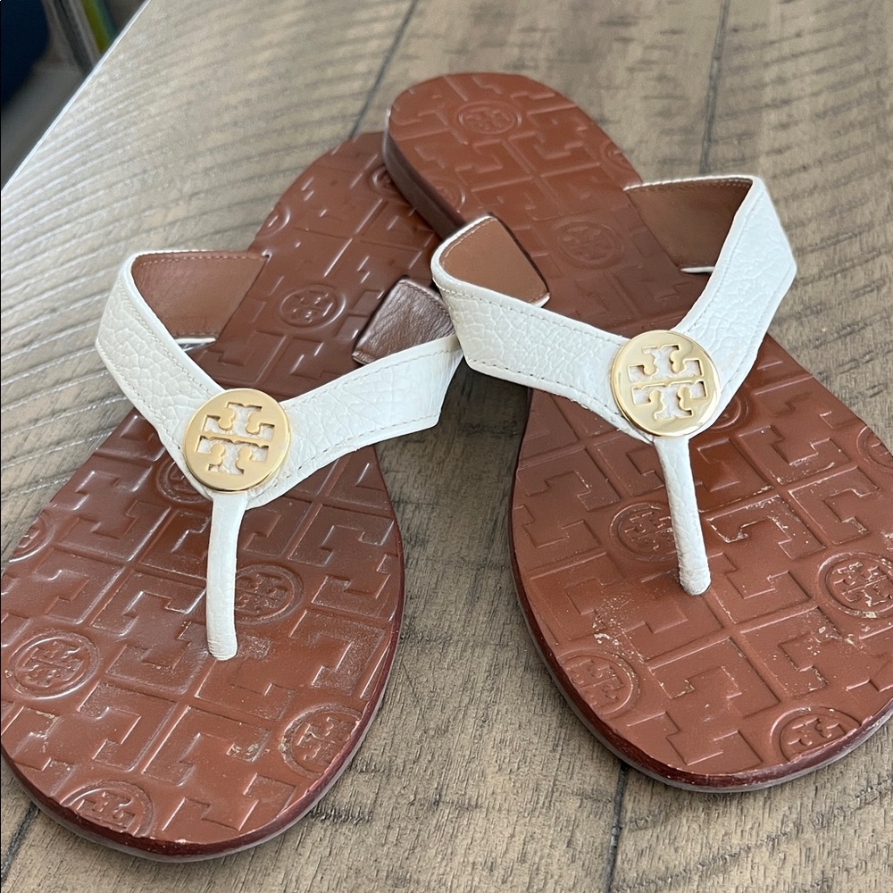 Tory Burch Cream and Brown Thong Sandals